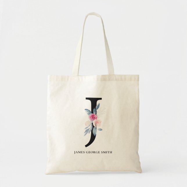 SOFT BLUSH BLUE FLORAL ALPHABETS NAME LETTER J TOTE BAG (Front)