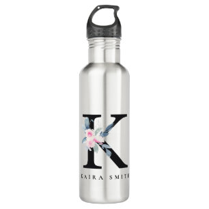 SOFT BLUSH BLUE FLORAL ALPHABETS NAME LETTER K 710 ML WATER BOTTLE