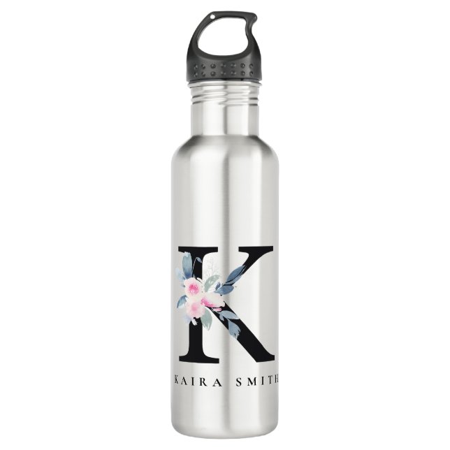 SOFT BLUSH BLUE FLORAL ALPHABETS NAME LETTER K 710 ML WATER BOTTLE (Front)