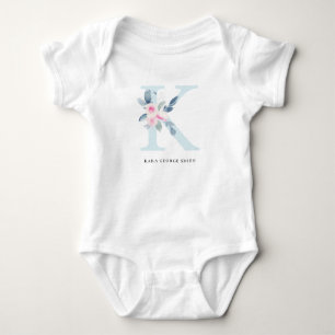 SOFT BLUSH BLUE FLORAL ALPHABETS NAME LETTER K BABY BODYSUIT