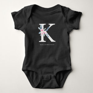 SOFT BLUSH BLUE FLORAL ALPHABETS NAME LETTER K BABY BODYSUIT