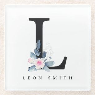 SOFT BLUSH BLUE FLORAL ALPHABETS NAME LETTER L GLASS COASTER