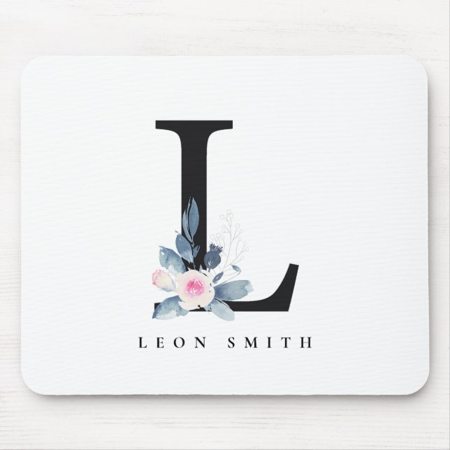 SOFT BLUSH BLUE FLORAL ALPHABETS NAME LETTER L MOUSE PAD (Front)