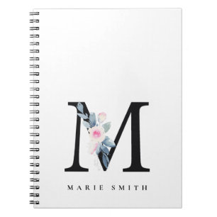 SOFT BLUSH BLUE FLORAL ALPHABETS NAME LETTER M NOTEBOOK