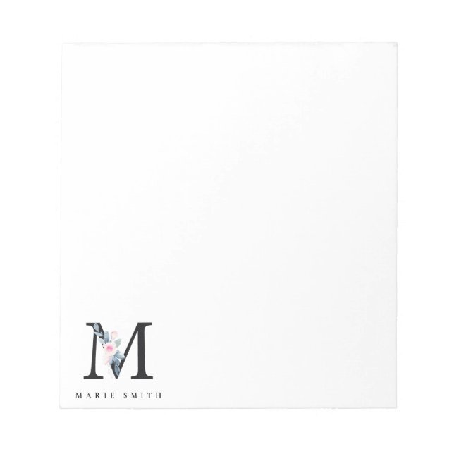 SOFT BLUSH BLUE FLORAL ALPHABETS NAME LETTER M NOTEPAD (Front)