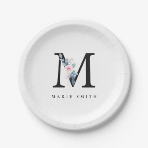 SOFT BLUSH BLUE FLORAL ALPHABETS NAME LETTER M PAPER PLATE