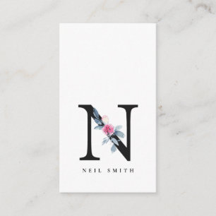 SOFT BLUSH BLUE FLORAL ALPHABETS NAME LETTER N BUSINESS CARD