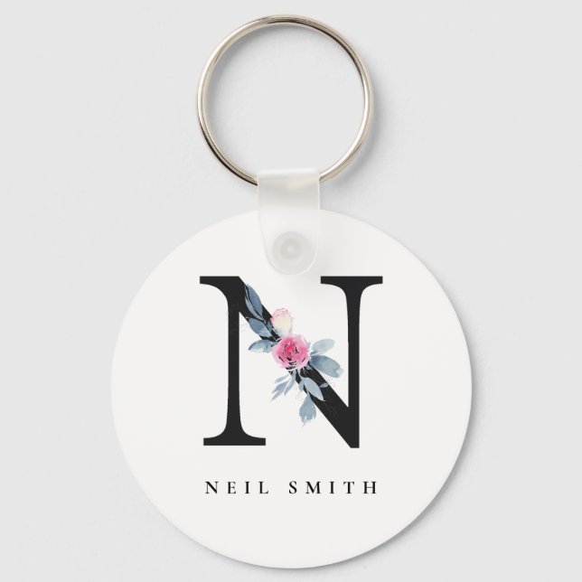 SOFT BLUSH BLUE FLORAL ALPHABETS NAME LETTER N KEYCHAIN (Front)
