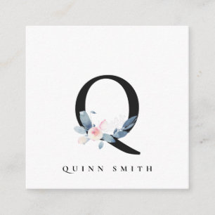 SOFT BLUSH BLUE FLORAL ALPHABETS NAME LETTER Q SQUARE BUSINESS CARD