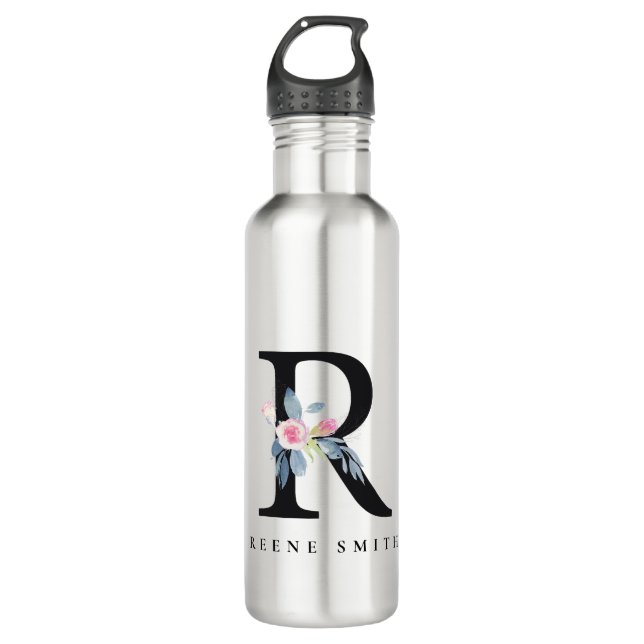 SOFT BLUSH BLUE FLORAL ALPHABETS NAME LETTER R 710 ML WATER BOTTLE (Front)