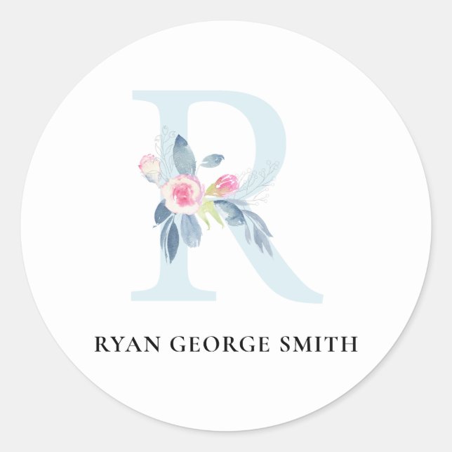 SOFT BLUSH BLUE FLORAL ALPHABETS NAME LETTER R CLASSIC ROUND STICKER (Front)