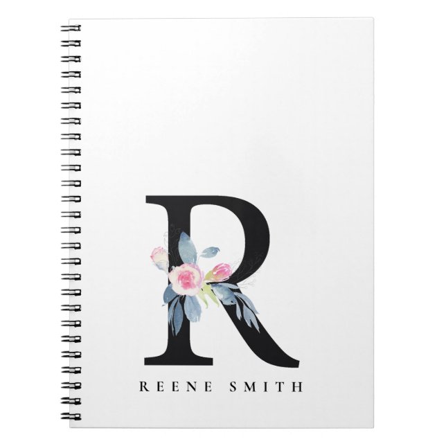 SOFT BLUSH BLUE FLORAL ALPHABETS NAME LETTER R NOTEBOOK (Front)