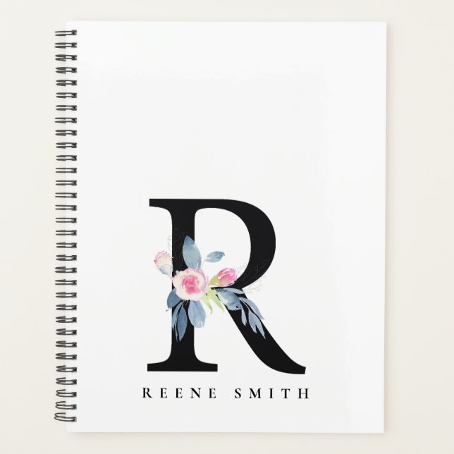 SOFT BLUSH BLUE FLORAL ALPHABETS NAME LETTER R PLANNER (Front)