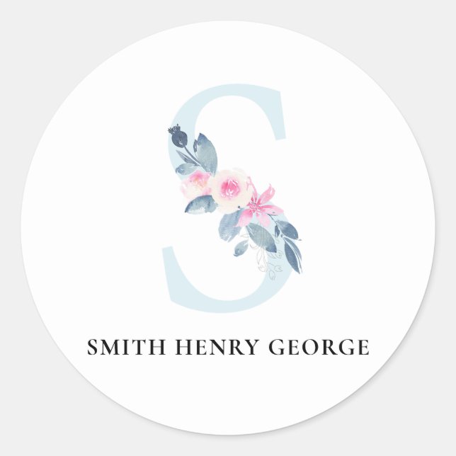 SOFT BLUSH BLUE FLORAL ALPHABETS NAME LETTER S CLASSIC ROUND STICKER (Front)