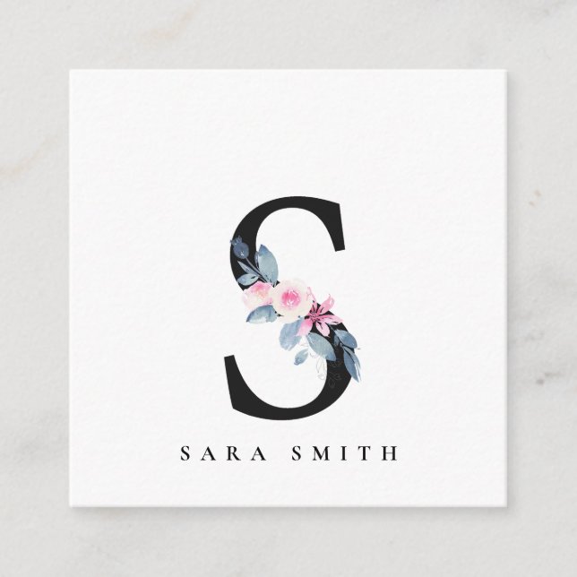 SOFT BLUSH BLUE FLORAL ALPHABETS NAME LETTER S SQUARE BUSINESS CARD (Front)