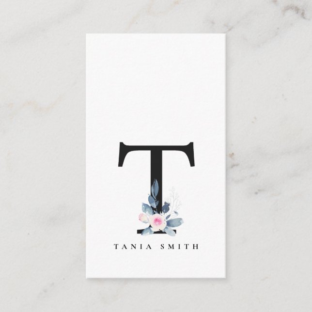SOFT BLUSH BLUE FLORAL ALPHABETS NAME LETTER T BUSINESS CARD (Front)