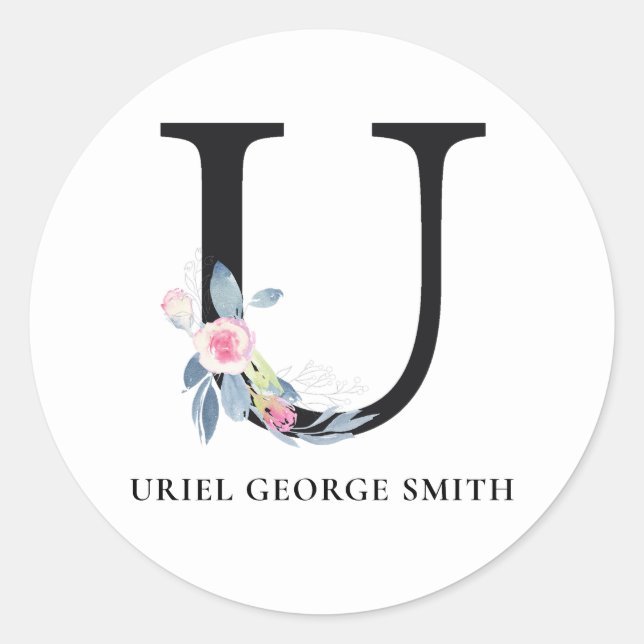 SOFT BLUSH BLUE FLORAL ALPHABETS NAME LETTER U CLASSIC ROUND STICKER (Front)