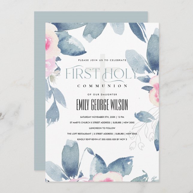 SOFT BLUSH BLUE FLORAL BUNCH FIRST HOLY COMMUNION INVITATION (Front/Back)
