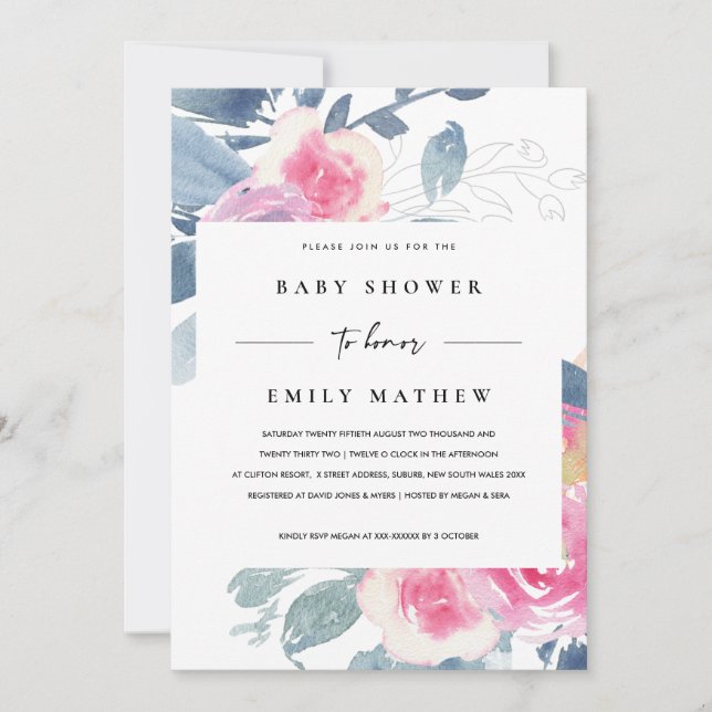 SOFT BLUSH BLUE FLORAL WATERCOLOR BABY SHOWER INVITATION (Front)