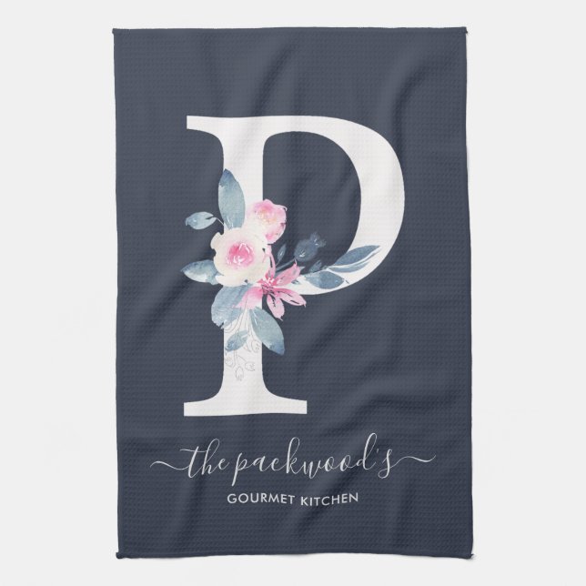 SOFT BLUSH BLUE NAVY FLORAL ALPHABETS LETTER P KITCHEN TOWEL (Vertical)