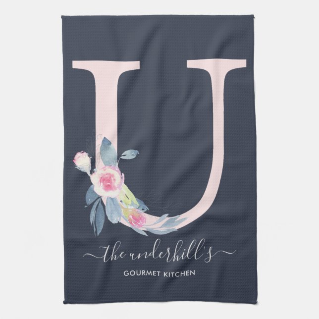 SOFT BLUSH BLUE NAVY FLORAL ALPHABETS LETTER U KITCHEN TOWEL (Vertical)