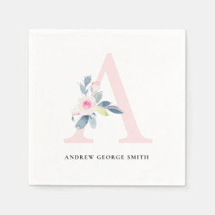 SOFT BLUSH BLUE WHITE FLORAL ALPHABETS LETTER A NAPKIN