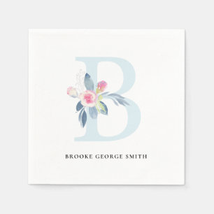 SOFT BLUSH BLUE WHITE FLORAL ALPHABETS LETTER B NAPKIN