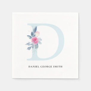 SOFT BLUSH BLUE WHITE FLORAL ALPHABETS LETTER D NAPKIN