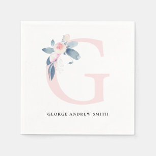 SOFT BLUSH BLUE WHITE FLORAL ALPHABETS LETTER G NAPKIN