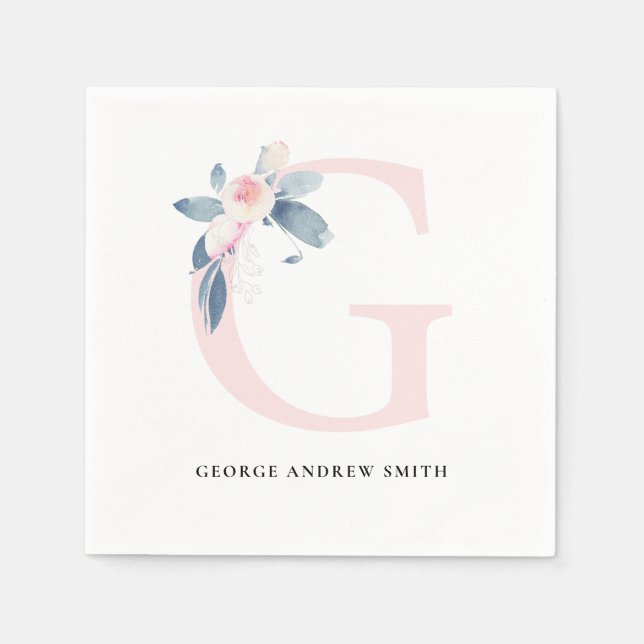 SOFT BLUSH BLUE WHITE FLORAL ALPHABETS LETTER G NAPKIN (Front)
