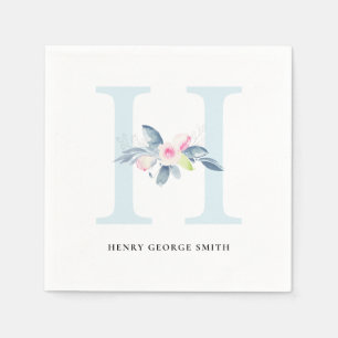 SOFT BLUSH BLUE WHITE FLORAL ALPHABETS LETTER H NAPKIN