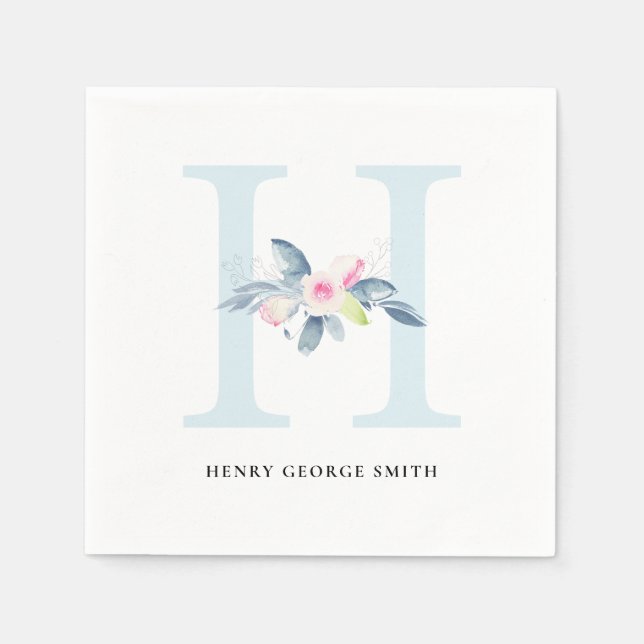 SOFT BLUSH BLUE WHITE FLORAL ALPHABETS LETTER H NAPKIN (Front)