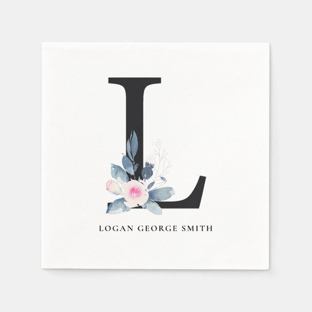 SOFT BLUSH BLUE WHITE FLORAL ALPHABETS LETTER L NAPKIN (Front)