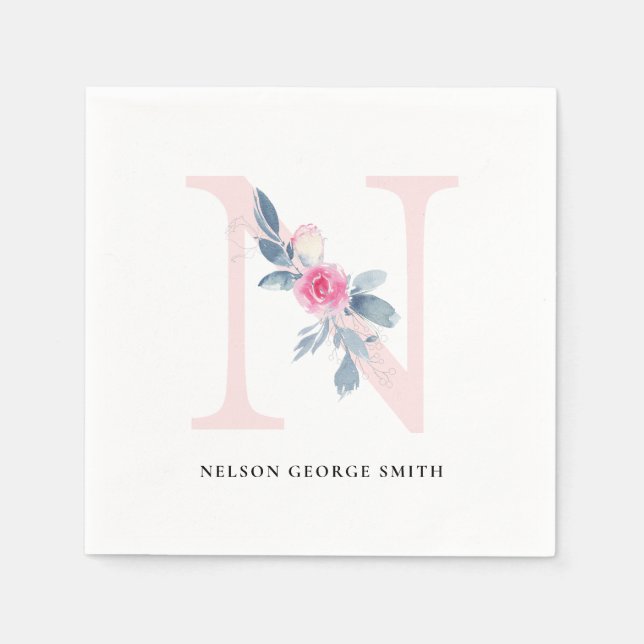 SOFT BLUSH BLUE WHITE FLORAL ALPHABETS LETTER N NAPKIN (Front)