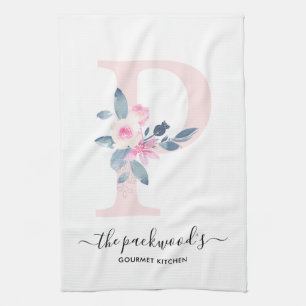 SOFT BLUSH BLUE WHITE FLORAL ALPHABETS LETTER P KITCHEN TOWEL