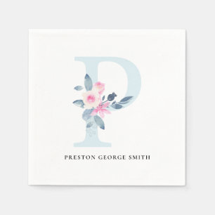 SOFT BLUSH BLUE WHITE FLORAL ALPHABETS LETTER P NAPKIN