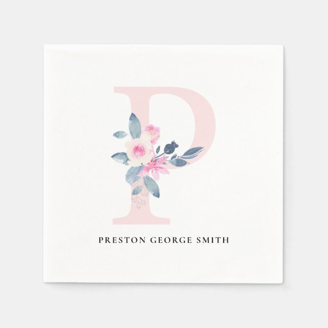 SOFT BLUSH BLUE WHITE FLORAL ALPHABETS LETTER P NAPKIN (Front)