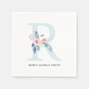 SOFT BLUSH BLUE WHITE FLORAL ALPHABETS LETTER R NAPKIN