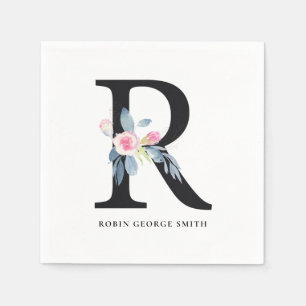 SOFT BLUSH BLUE WHITE FLORAL ALPHABETS LETTER R NAPKIN