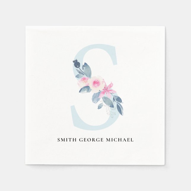 SOFT BLUSH BLUE WHITE FLORAL ALPHABETS LETTER S NAPKIN (Front)