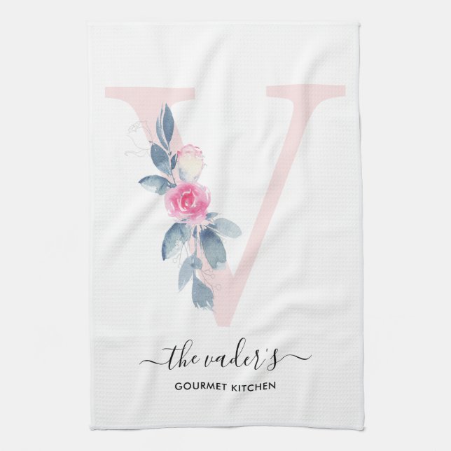 SOFT BLUSH BLUE WHITE FLORAL ALPHABETS LETTER V KITCHEN TOWEL (Vertical)