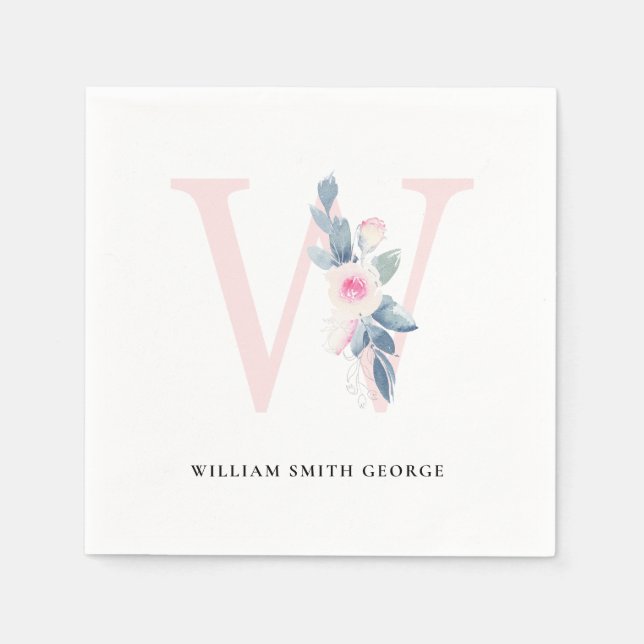 SOFT BLUSH BLUE WHITE FLORAL ALPHABETS LETTER W NAPKIN (Front)