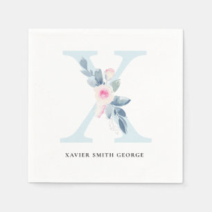 SOFT BLUSH BLUE WHITE FLORAL ALPHABETS LETTER X NAPKIN