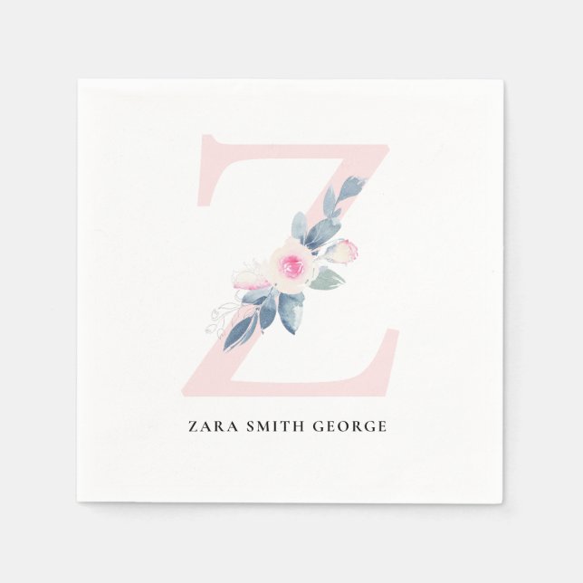 SOFT BLUSH BLUE WHITE FLORAL ALPHABETS LETTER Z NAPKIN (Front)