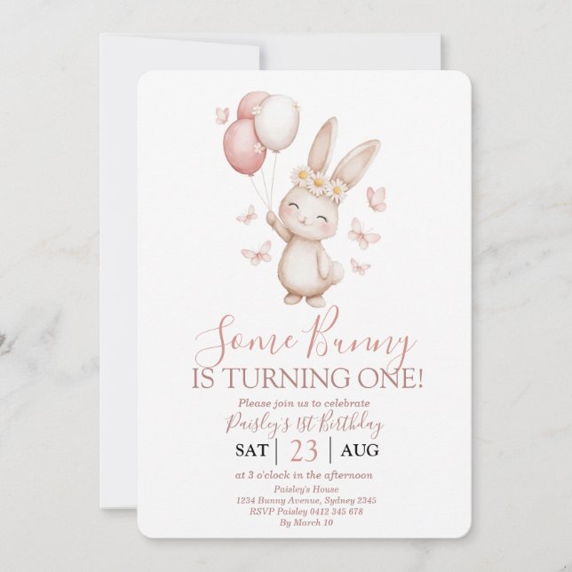 Soft Blush Bunny First Birthday Invitation (Front)