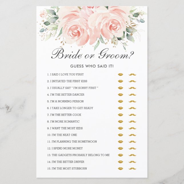 Soft Blush Floral Bride or Groom Guess Who Said It (Front)