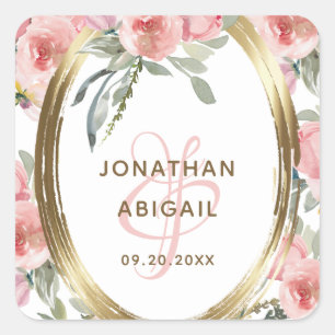 Soft Blush Floral Gold Frame Watercolor Wedding Square Sticker