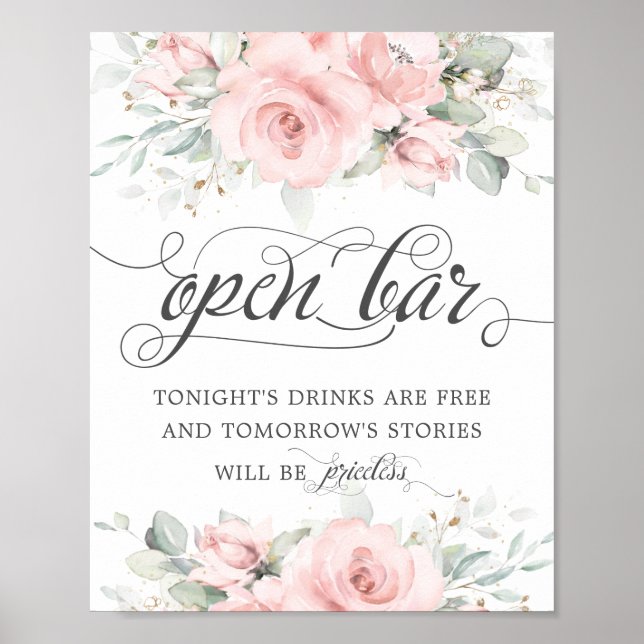 Soft Blush Floral Greenery Wedding Open Bar Drinks Poster (Front)