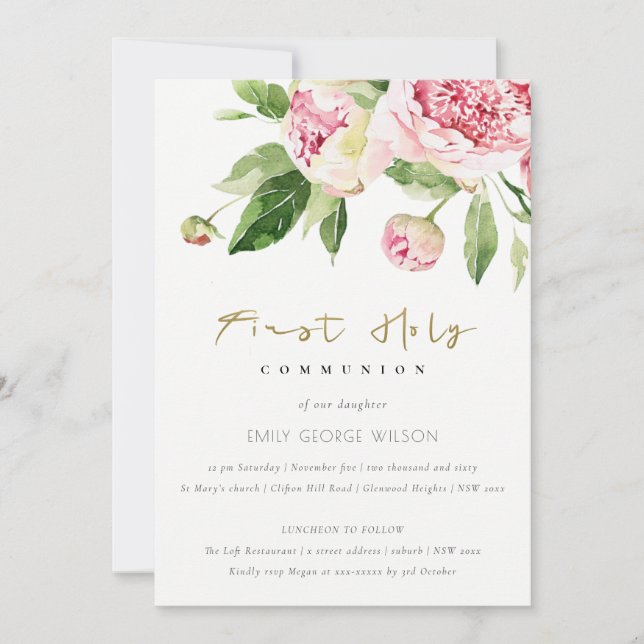 Soft Blush Floral Peony First Holy Communion Invitation (Front)