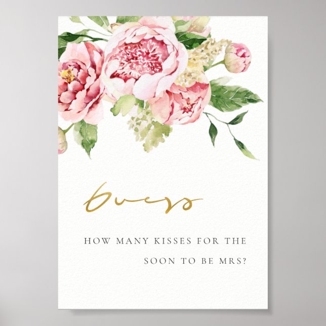 Soft Blush Floral Peony Guess How Many Kisses Sign (Front)